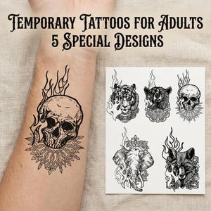 May include: Black and white temporary tattoos for adults. The image shows a skull tattoo on an arm and five special designs: a tiger, bear, skull, elephant, and fox. The tattoos have a detailed, artistic style.
