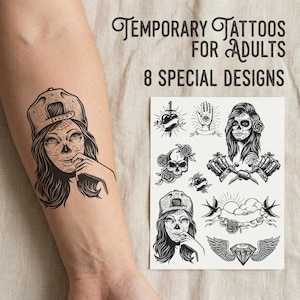 May include: Black and white temporary tattoos for adults. The image shows a sheet of eight special designs, including a skull with roses, a hand with an eye, and a woman wearing a cap with sugar skull makeup. The text reads "TEMPORARY TATTOOS FOR ADULTS" and "8 SPECIAL DESIGNS."