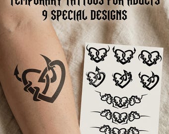 Keltiskt hjärta tillfällig tatuering, gotisk djävulshorndesign (9 st)