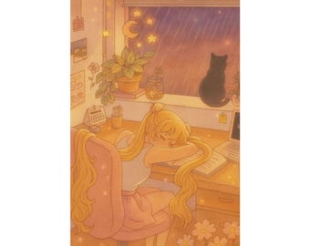 Impresión de chica de anime de noche lluviosa / Decoración de habitación acogedora kawaii