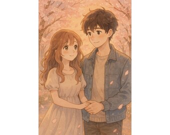 Impresión personalizada de pareja de anime, estilo Studio Ghibli, arte de flor de cerezo
