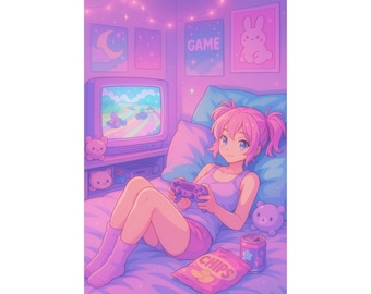 Lámina artística Kawaii Gamer Girl, decoración de habitación estilo anime, tonos pastel.