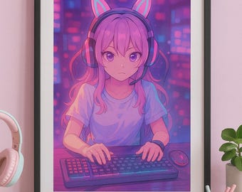 Impresión de chica gamer ciberrosa / Decoración de habitación RGB de anime