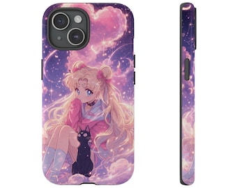Funda para teléfono inspirada en Sailor Moon con diseño de chica con Luna / Chica mágica de anime celestial en tonos pastel