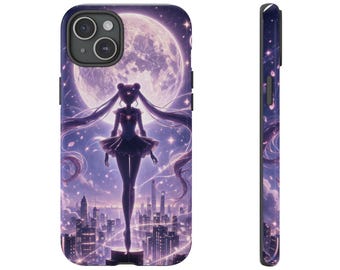 Funda para teléfono con silueta de Sailor Moon / Protección con paisaje urbano iluminado por la luna de la chica mágica