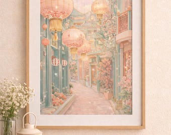 Póster mate de Pink Lantern Alley / Escena callejera floral, arte mural vertical