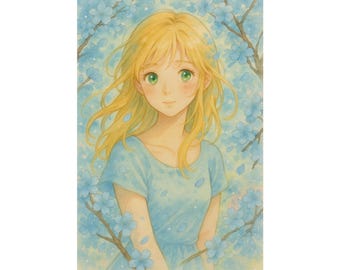 Lámina artística de Shojo Girl: Póster de acuarela con flores inspirado en Studio Ghibli
