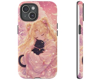 Funda para teléfono inspirada en Sailor Moon con una chica abrazando a Luna / Chica mágica de anime celestial en tonos pastel