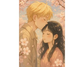 Impresión personalizada de pareja de anime: beso en la frente, regalo romántico
