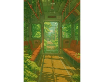 Overgrown Forest Tram Poster Aesthetic Nature Anime Wall Art Cottagecore Green Botanical Print Calming Studio Ghibli Style Room Decor