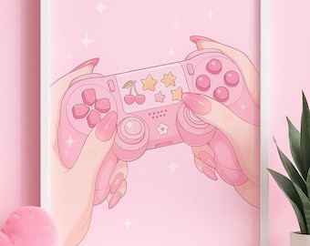 Impresión de chica gamer kawaii / Arte de control de anime rosa