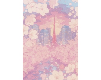 Impresión de cerezos en flor de Tokio en tonos pastel: arte mural de paisaje urbano de anime
