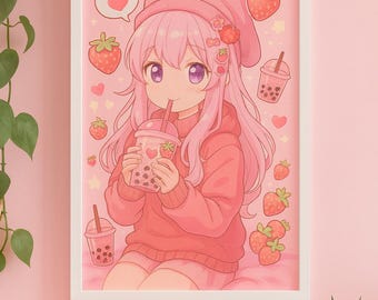 Impresión de chica de anime kawaii: Té de burbujas de fresa, decoración pastel