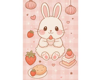Impresión de conejito kawaii / Arte de pared para guardería con fresas