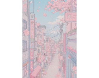 Impresión de ciudad japonesa con arte de pared pastel kawaii de anime callejero con flores de cerezo