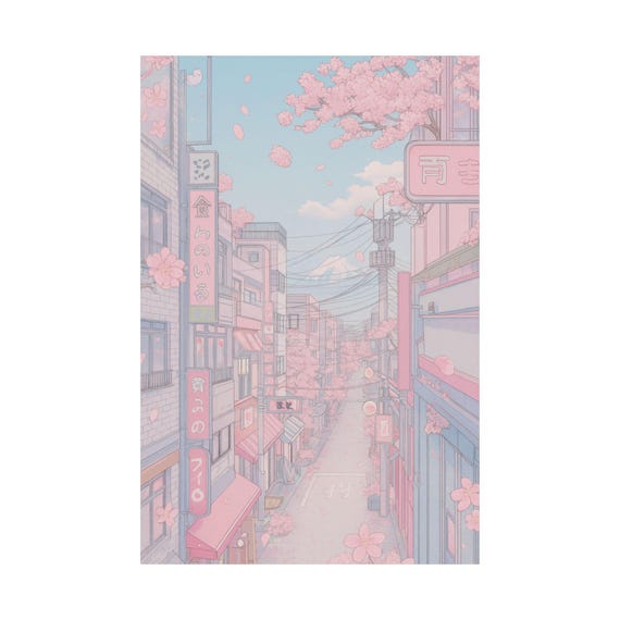 Cherry Blossom Anime Street Kawaii Pastel Wall Art Japanese City Print