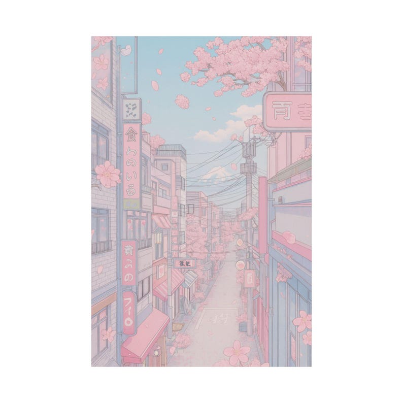 Cherry Blossom Anime Street Kawaii Pastel Wall Art Japanese City Print
