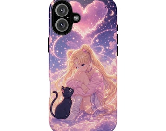 Funda para teléfono inspirada en Sailor Moon con diseño de chica con Luna / Chica mágica de anime celestial en tonos pastel
