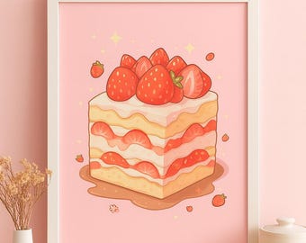 Impresión de tarta de fresa kawaii / Arte mural de postre pastel