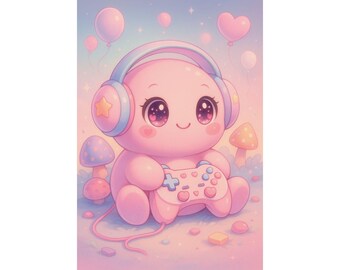 Lámina artística de criatura gamer rosa kawaii: decoración de juegos de anime