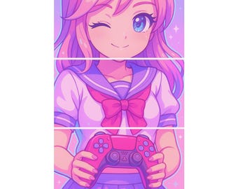 Impresión de chica gamer de anime kawaii / Decoración de habitación rosa pastel