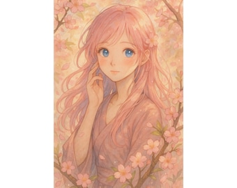 Lámina artística de chica de anime shojo: estilo Studio Ghibli, cabello rosa