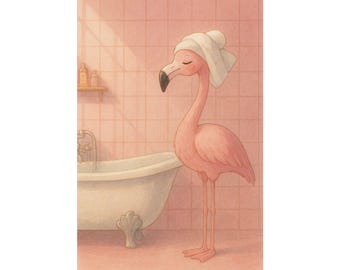Lámina artística de baño con flamenco rosa: decoración de baño con acuarela Shojo