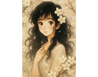Impresión de chica anime estilo Ghibli: Arte mural romántico con flores de cerezo