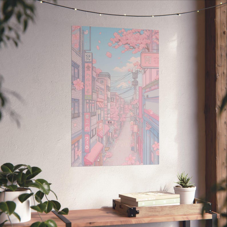 Impresión de ciudad japonesa con arte de pared pastel kawaii de anime callejero con flores de cerezo imagen 3