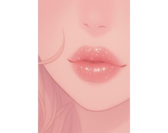 Póster de anime con labios rosados y brillantes, arte mural kawaii en tonos pastel