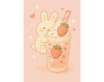 Impresión artística de batido de fresa de conejito kawaii, póster de anime pastel