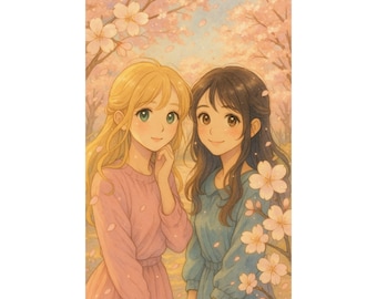 Arte de anime de mejores amigos, impresión shojo de cerezo con nombres personalizados, arte de pared inspirado en Studio Ghibli, regalo de amistad para niñas