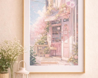 Póster vertical mate con escena de cafetería Sakura en tonos pastel / Ilustración callejera con flores rosas