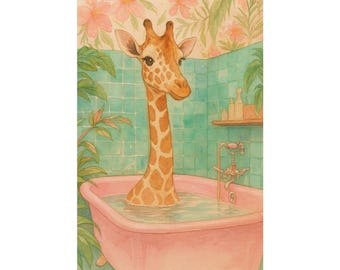 Impresión artística de acuarela de jirafa en la bañera, decoración de baño shojo
