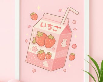 Impresión artística de cartón de leche de fresa kawaii, póster de anime pastel