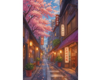 Impresión artística de callejón japonés, ilustración de anime de flor de cerezo rosa