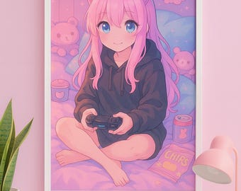 Lámina artística de chica gamer de anime - Decoración de pared kawaii con chica gato rosa