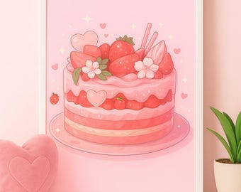 Impresión artística de pastel de fresa kawaii / Decoración de cocina de anime pastel