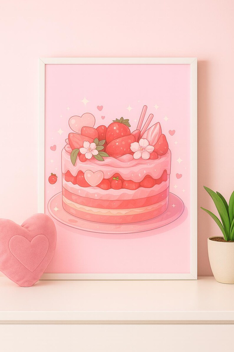 Kawaii Strawberry Cake Art Print | Pastel Anime Kitchen Decor - Etsy