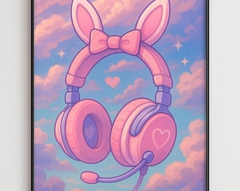Impresión de auriculares de conejito rosa kawaii: decoración de habitación de anime para chicas gamer