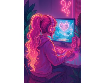 Impresión de chica gamer de neón / Arte de habitación RGB ciberpunk