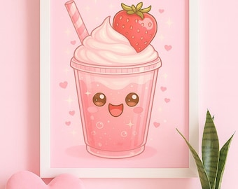 Impresión artística de batido de fresa kawaii, ilustración de bebida rosa, decoración para habitación infantil