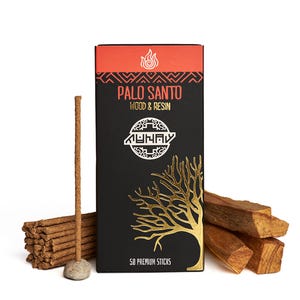 May include: A black box of Palo Santo wood and resin incense sticks with a red top. The box has gold lettering and a gold tree design. A bundle of incense sticks and pieces of wood are next to the box. One incense stick stands upright.