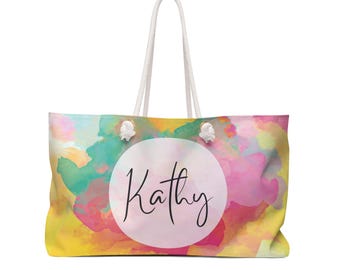 Personalized Name Watercolor Versatile Weekender Bag, Large Travel Duffel | Beach, Gym, Weekend Getaway
