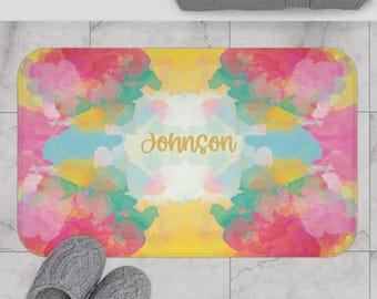 Watercolor Abstract Name Personalized Bath Mat | Custom Name Bath Rug