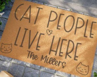 Personalized Cat People Live Here Doormat | Cats, Paw Print Heart, Black Line Art