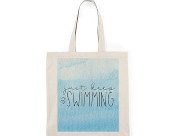 Just Keep Swimming Tote Bag | Personalized Name Watercolor Blue