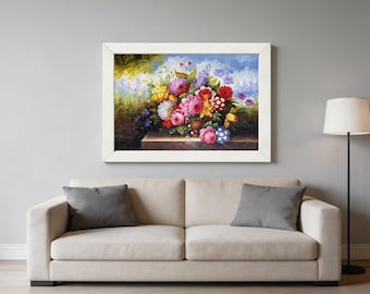 Colorful Floral Outdoor Still Life Oil Painting Hand Painted Framed Horizontal Canvas Art