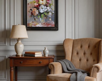 Pastel Impasto Floral Glass Vase Oil Painting Hand Painted Framed Vertical Canvas Art