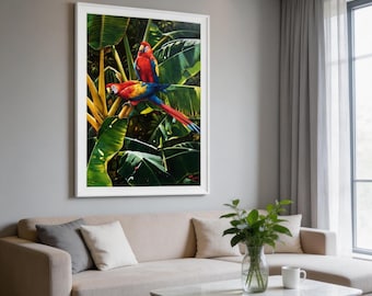 Tropical Jungle Macaw Parrot Oil Painting Hand Painted Framed Canvas Wall Art Decor